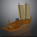 Traditional Chinese Ancient Water Vessel Model With Yellow Sails Oars And Decorative Paintings
