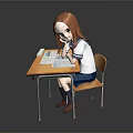 Game Movie Character Red Haired Girl Sitting At Desk In School Uniform Writing In Notebook