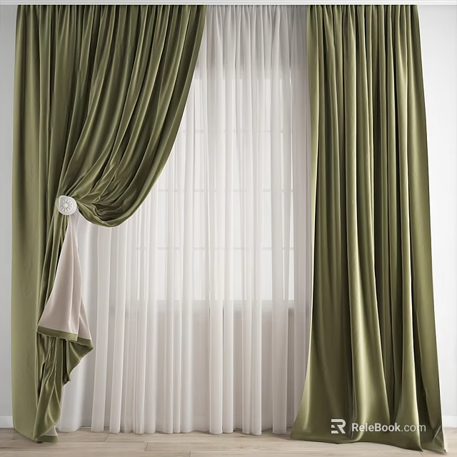 Elegant Green Curtains With White Sheer Layers And Decorative Tieback For Window 3d model 