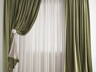 Elegant Green Curtains With White Sheer Layers And Decorative Tieback For Window 3d model