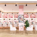 Modern Pink Beauty Salon Interior Design With Chairs Tables Display Shelves And Plants