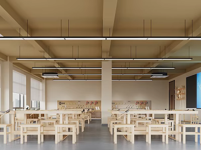 Bright School Classroom Interior With Wooden Desks And Chairs And Ceiling Lights 3d model