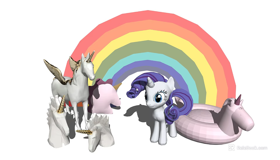 Unicorn Dolls Collection With Winged Figure Purple Haired Toy And Inflatable Unicorn Under Rainbow 3d model 