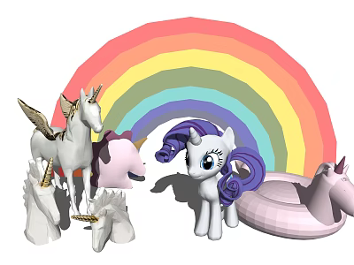 Unicorn Dolls Collection With Winged Figure Purple Haired Toy And Inflatable Unicorn Under Rainbow 3d model