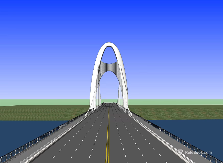 Modern Arch Bridge With White Structure Spanning Water Road Lanes Under Blue Sky 3d model 