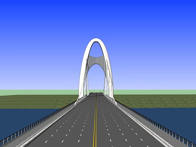 Modern Arch Bridge With White Structure Spanning Water Road Lanes Under Blue Sky 3d model