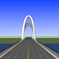 Modern Arch Bridge With White Structure Spanning Water Road Lanes Under Blue Sky