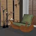 Cozy Green Fabric Leisure Chair Wooden Frame Side Round Table Candles Bamboo Decor Window Blinds