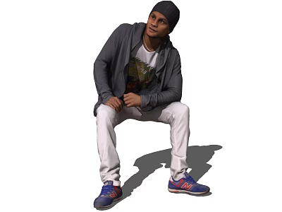 Casual Man in Gray Hoodie White T-shirt and White Pants Sitting with Blue Sneakers 3d model