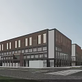 Modern Office Building With Glass Curtain Walls Wooden Elements Trees Cars And Street Landscaping