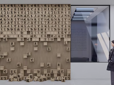 Cultural Wall With Chinese Characters And 3D Wooden Blocks In Modern Indoor Exhibition Space 3d model
