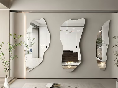 Three Irregular Shaped Wall Mirrors in Modern Interior With Plant and Furniture Reflections 3d model