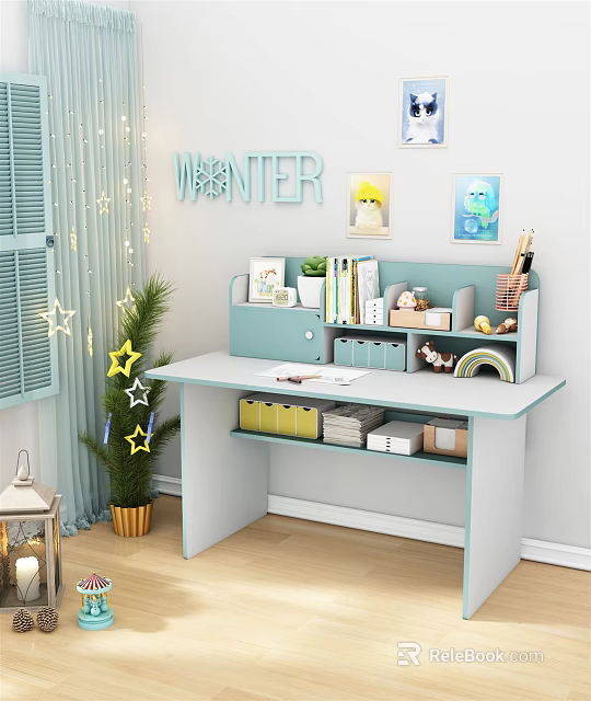 White Light Blue Desk With Shelf Storage Potted Plant Star Decorations And LIGHTER Letters 3d model 
