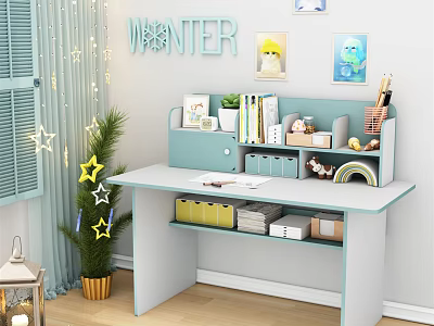 White Light Blue Desk With Shelf Storage Potted Plant Star Decorations And LIGHTER Letters 3d model