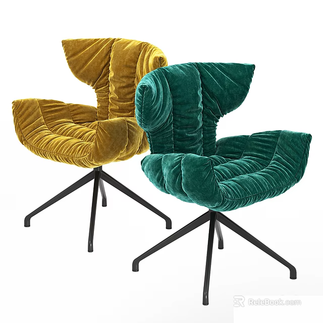 Yellow and Green Pleated Velvet Accent Chairs with Black Metal Base in Contemporary Style 3d model 