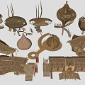 Various Creative Thatched Wooden Architectural Models Featuring Unique Shapes And Structures