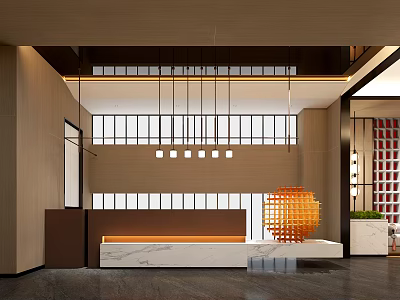 Modern Storefront Reception Counter With Marble Top Hanging Pendant Lights And Orange Sculpture 3d model