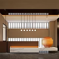 Modern Storefront Reception Counter With Marble Top Hanging Pendant Lights And Orange Sculpture