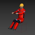 A Man In Red Work Uniform With Yellow Hard Hat Demonstrating Extended Arms Sitting Posture