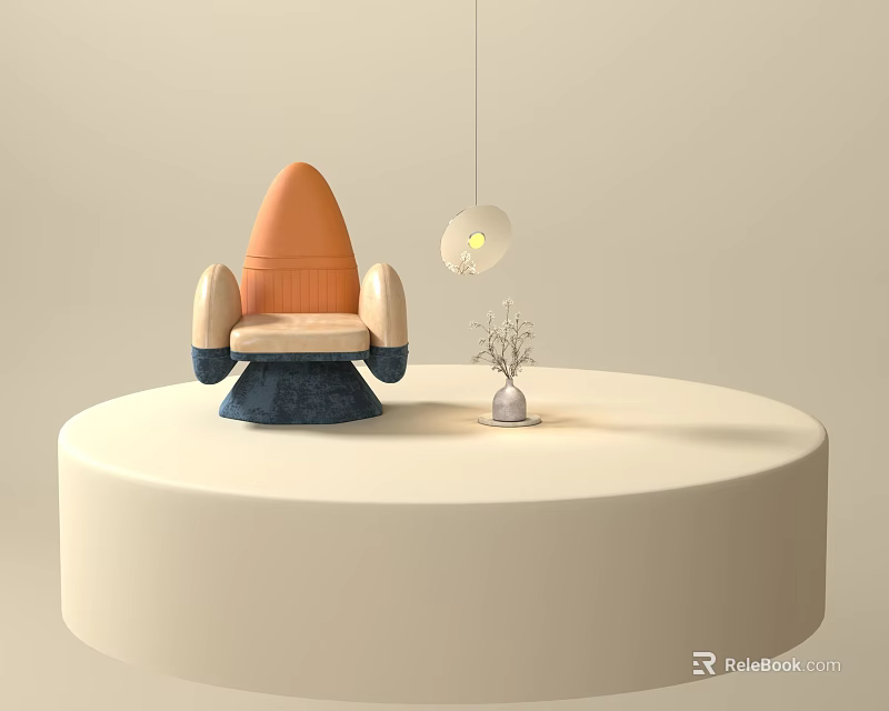 Orange Single Sofa With Unique Design On White Round Platform Hanging Lamp And Decor 3d model