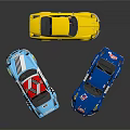 Three Colorful Model Race Cars With Number Decals And Striped Designs