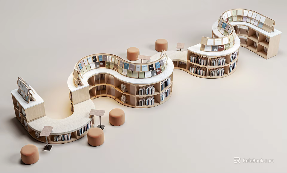 Modern Curved Bookshelf Design With Multi Layer Shelves And Small Round Stools 3d model 