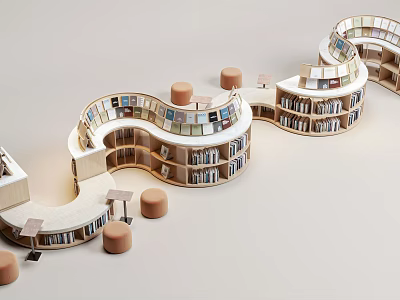 Modern Curved Bookshelf Design With Multi Layer Shelves And Small Round Stools 3d model