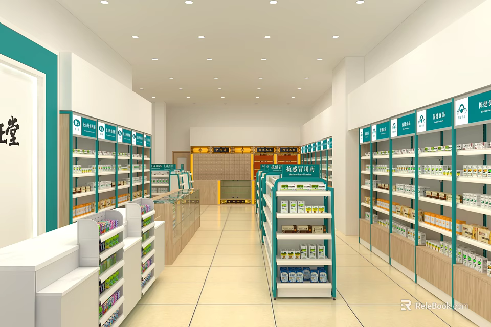 Spacious Pharmacy Store Interior With Well Organized Shelves Green Signs And Medicines 3d model 
