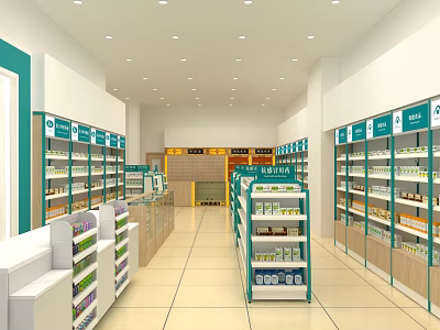Spacious Pharmacy Store Interior With Well Organized Shelves Green Signs And Medicines 3d model