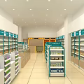 Spacious Pharmacy Store Interior With Well Organized Shelves Green Signs And Medicines