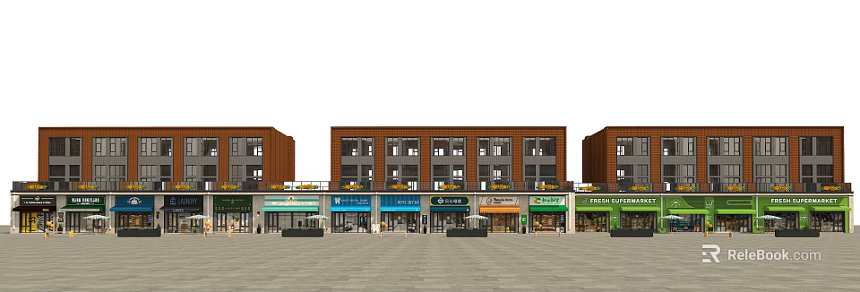 Modern Commercial Street With Red Brick Buildings Various Retail Stores And Outdoor Plaza 3d model 