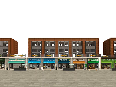 Modern Commercial Street With Red Brick Buildings Various Retail Stores And Outdoor Plaza 3d model