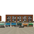 Modern Commercial Street With Red Brick Buildings Various Retail Stores And Outdoor Plaza