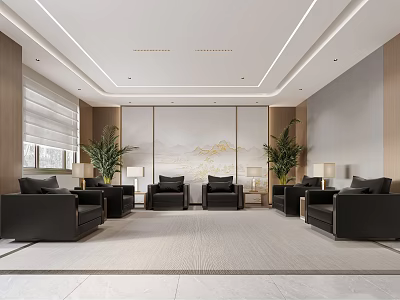 Modern Hotel Public Lounge Area With Black Sofas Large Green Plants And Landscape Painting 3d model