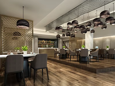 Modern Restaurant Interior With Hanging Pendant Lights Wooden Floor And Dining Tables 3d model