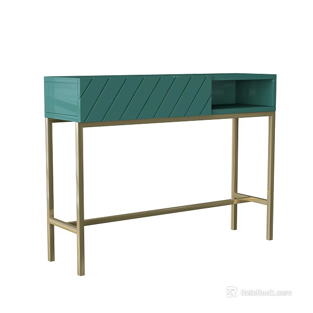 Teal Console Table with Chevron Pattern and Open Shelf on Golden Legs 3d model 