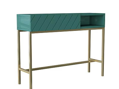 Teal Console Table with Chevron Pattern and Open Shelf on Golden Legs 3d model