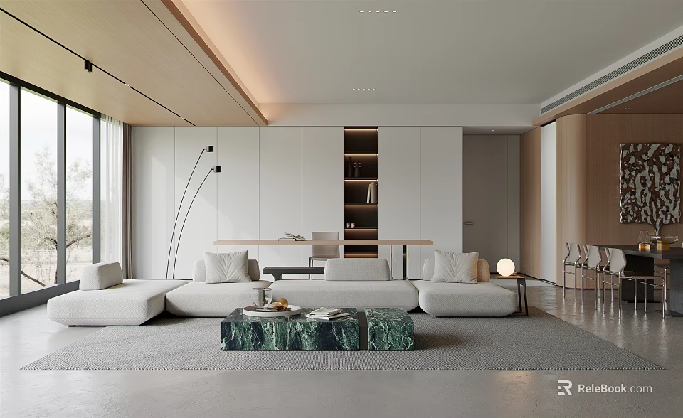 Modern Living Dining Room Interior Design With Open Concept Sofa And Marble Coffee Table 3d model