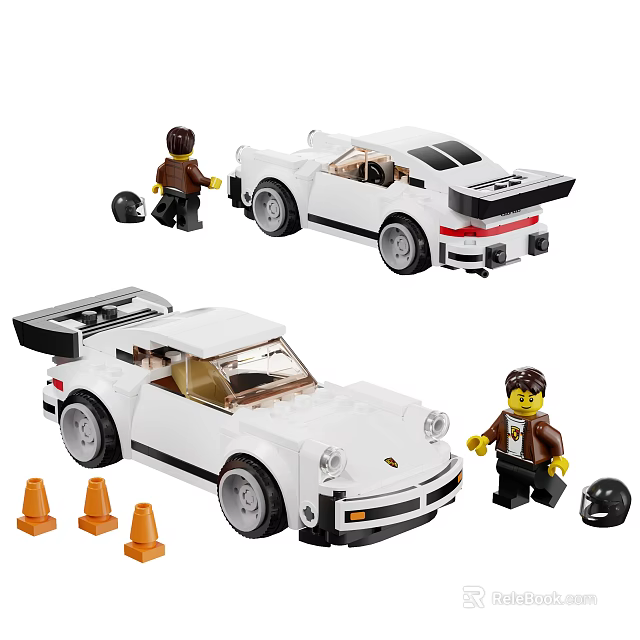 White Sports Car Building Blocks Model With Minifigure Orange Traffic Cones And Helmet 3d model 