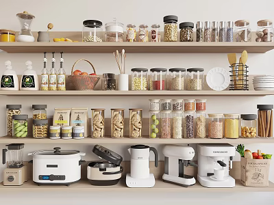 Organized Kitchen Storage Shelves With Glass Jars Spice Bottles And Small Appliances 3d model
