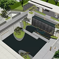Modern Garden Landscape With Pool Waterfall Trees And Modern Architecture Elements 3d model