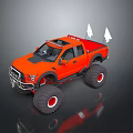 Orange Monster Truck With Large Tires And White Pointed Objects On Roof