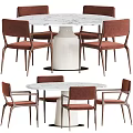 Modern Round Dining Table Set With Marble Top Brown Frame And Red Cushion Chairs 3d model