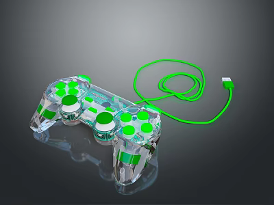 Transparent Computer Game Controller With Green Buttons And Coiled Cable 3d model