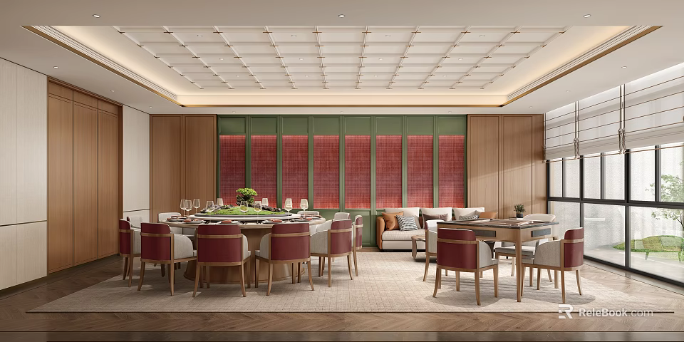 Elegant Private Dining Room Interior With Round Table And Sofa 3d model