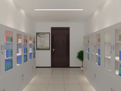 Neat Storage Corridor Featuring White Lockers Blue Pink Folders Dark Door Notice Board Green Plant 3d model