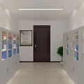 Neat Storage Corridor Featuring White Lockers Blue Pink Folders Dark Door Notice Board Green Plant