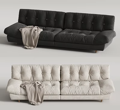 Black and Cream Two-Seater Sofa with Plush Cushioned Design and Throw Blanket 3d model