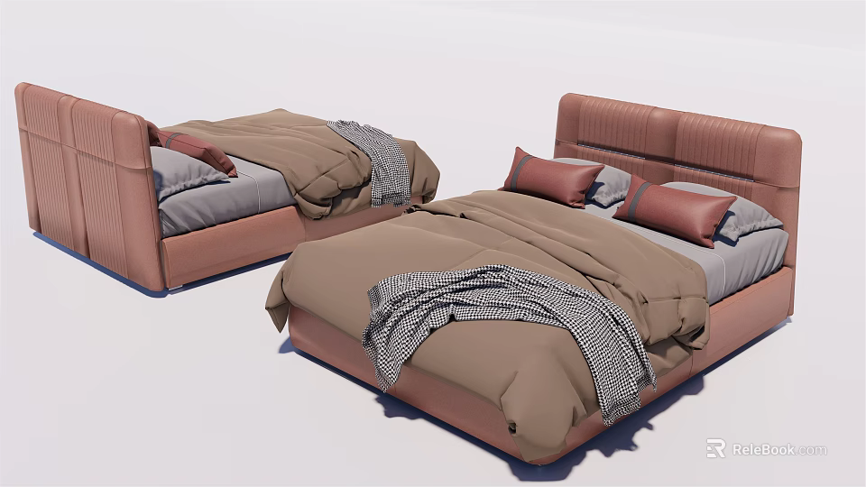 Modern Double Bed With Brown Bedding Gray Pillows And Patterned Blanket 3d model