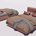 Modern Double Bed With Brown Bedding Gray Pillows And Patterned Blanket 3d model